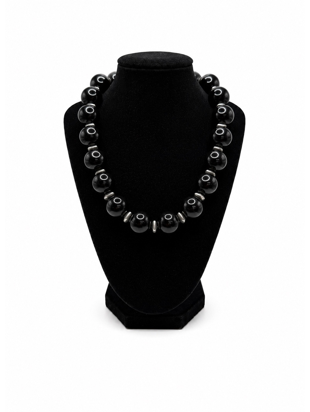 Jewelry By GG Black Onyx with Silver Pewter Accents 9" Beaded Necklace
